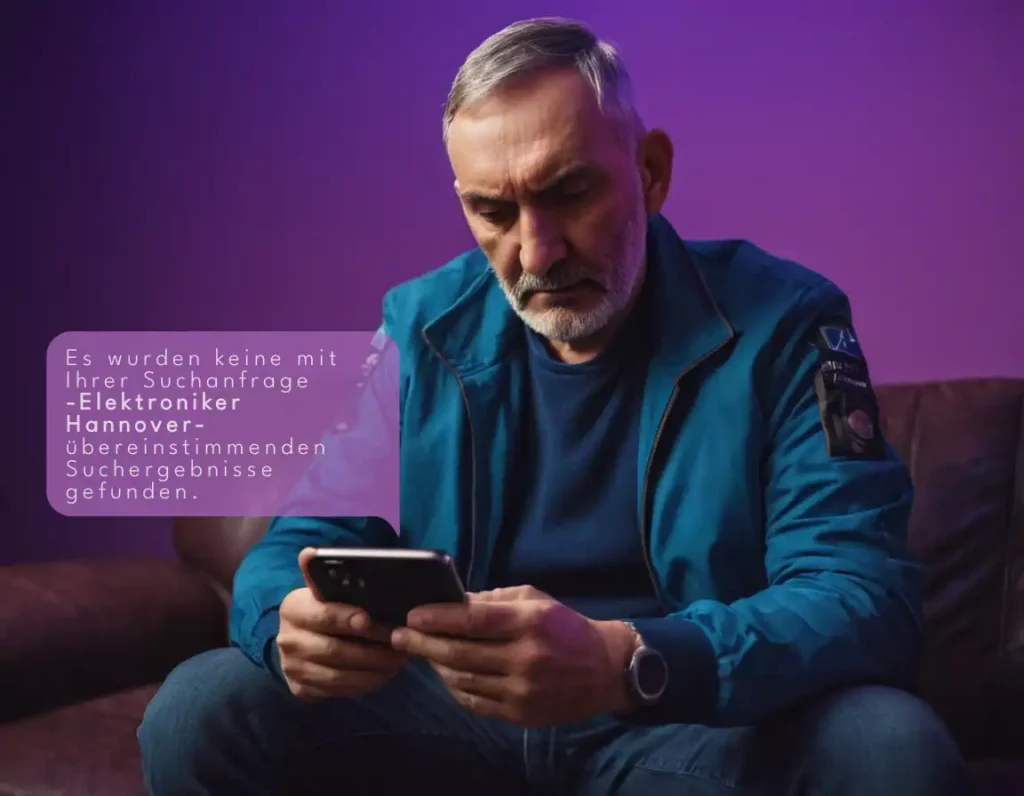 ca. 50 Jaehriger Mann mit Smartphone in der Hand und mit einer dazugehörigen Chatbubble: Suchanfrage keine Suchergebnisse "Elektroniker Hannover"